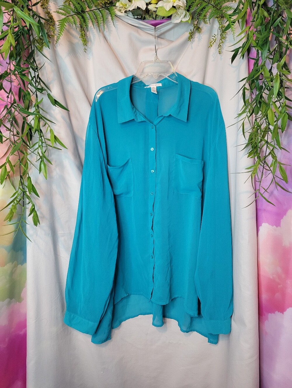 Lovely Sheer Teal Button-Up Blouse